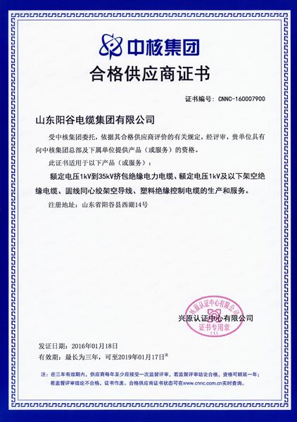 中核集團合格供應商證書